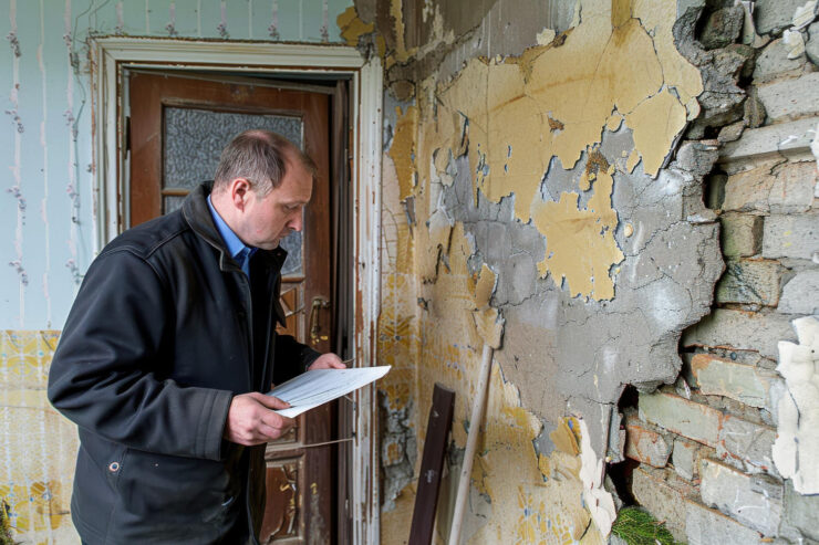 An investor inspecting a distressed property with potential for a profitable fix and flip project