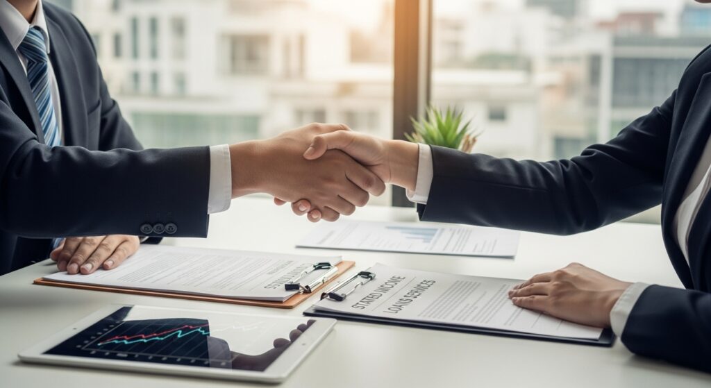 Two people shaking hands over stated income loan agreement paperwor