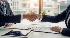 Two people shaking hands over stated income loan agreement paperwor