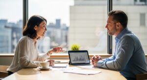 Reviewing No Income Verification Loans details during meeting