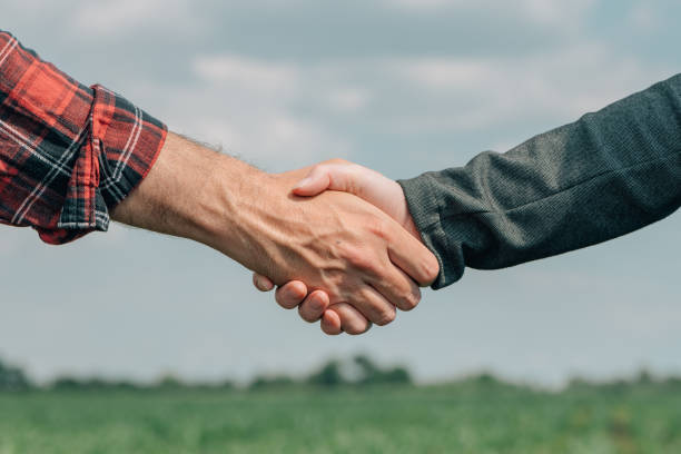 Business partners shaking hands after agreeing on land loan terms