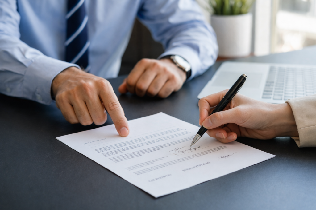 Signing no income verification loan agreement in office meeting