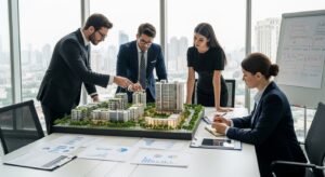 Real estate professionals discussing mixed-use property plans