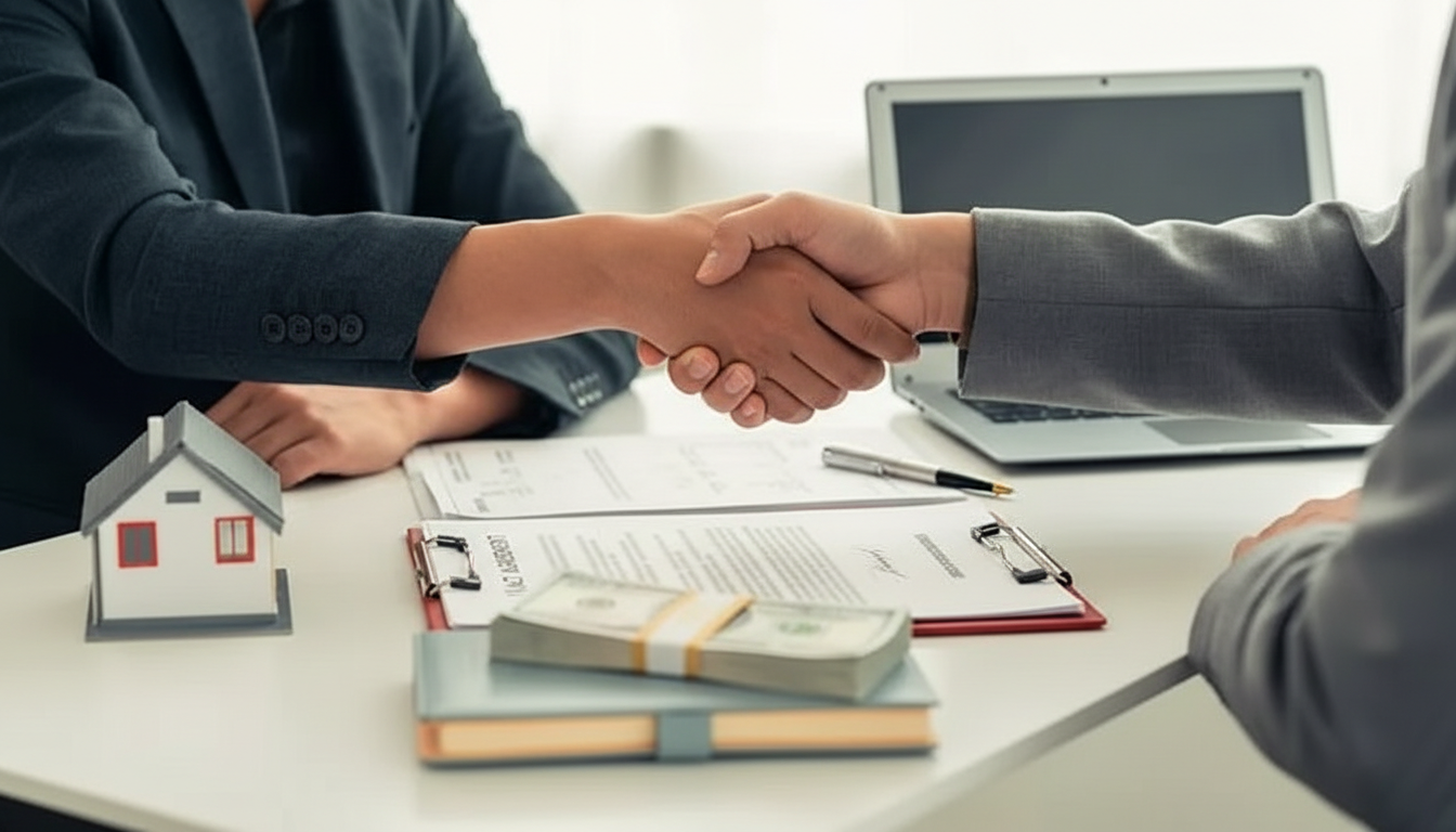 Land financing agreement handshake with documents and cash