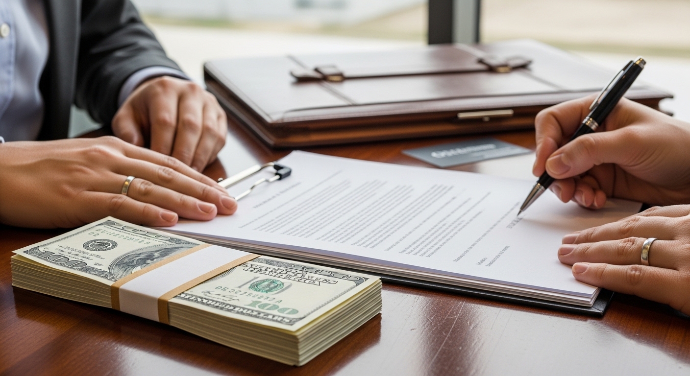 Signing a document with a stack of cash representing a loan agreement