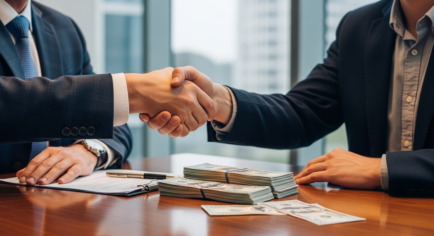 Businessmen shaking hands with cash stack representing loans