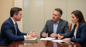 Private money lender meeting with borrowers to discuss loan terms.
