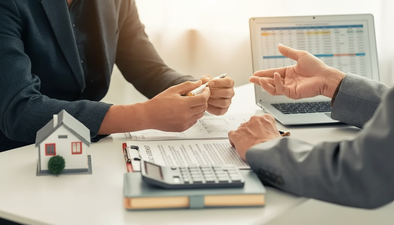 Land loan consultation with lender reviewing property financing