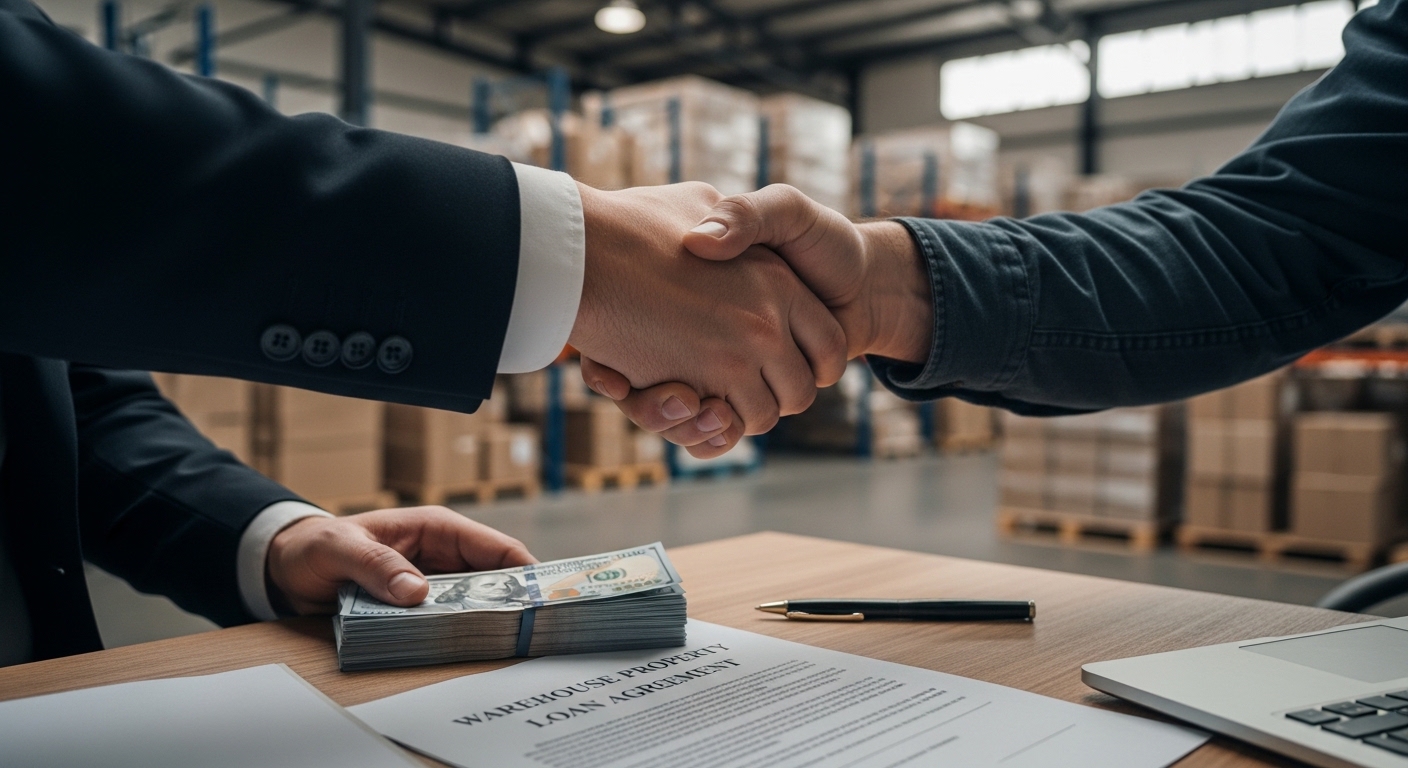 Business professionals shaking hands after a warehouse loan agreement
