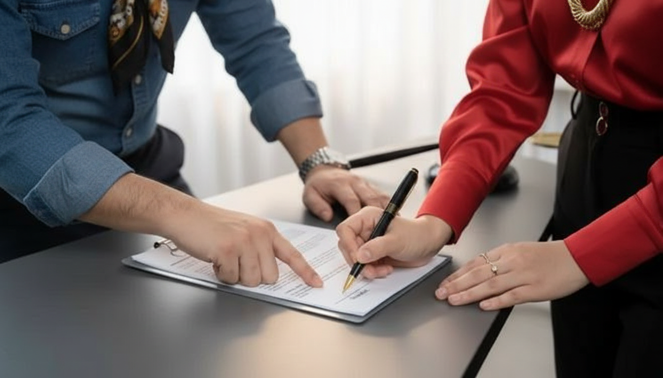 Client signing financial agreement with loan officer
