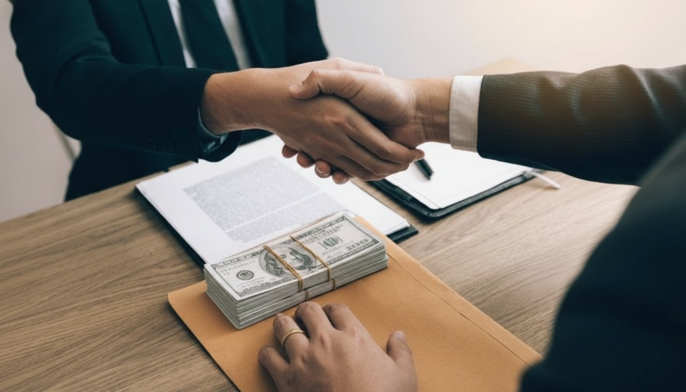 Handshake and cash exchange representing private commercial loan funding