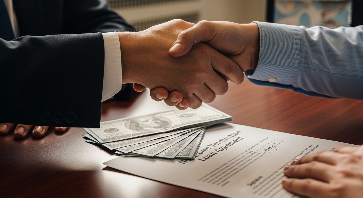 Handshake sealing a no income verification loan deal with cash nearby