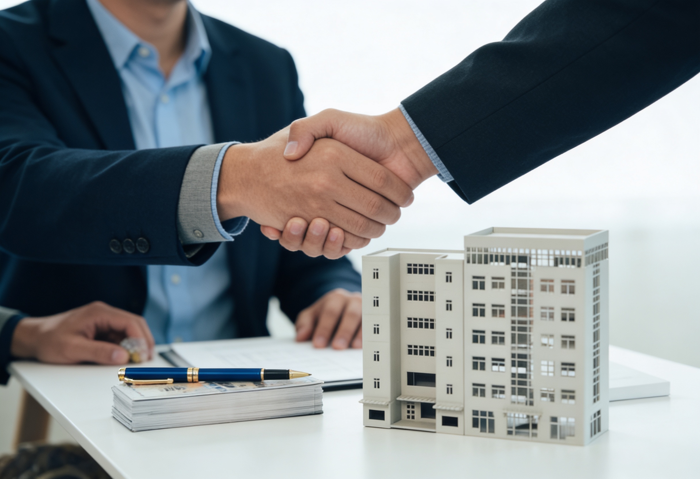 Real estate professionals shaking hands on a bridge loan agreement