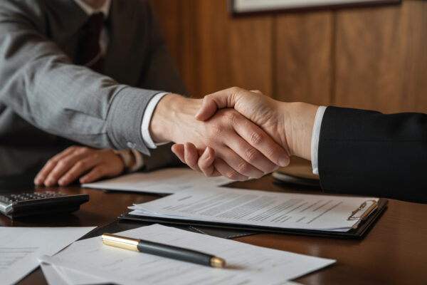 Business loan agreement handshake with private money lender