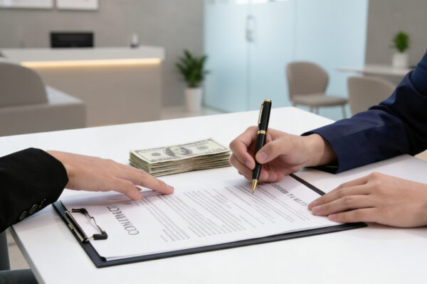Signing contract for warehouse property loan with cash