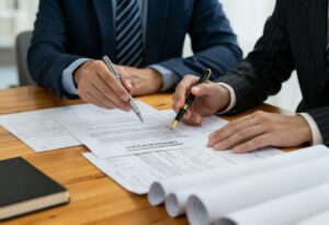 Two people discussing and signing a business contract with pens