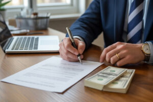 Signing warehouse property loan paperwork with cash secured