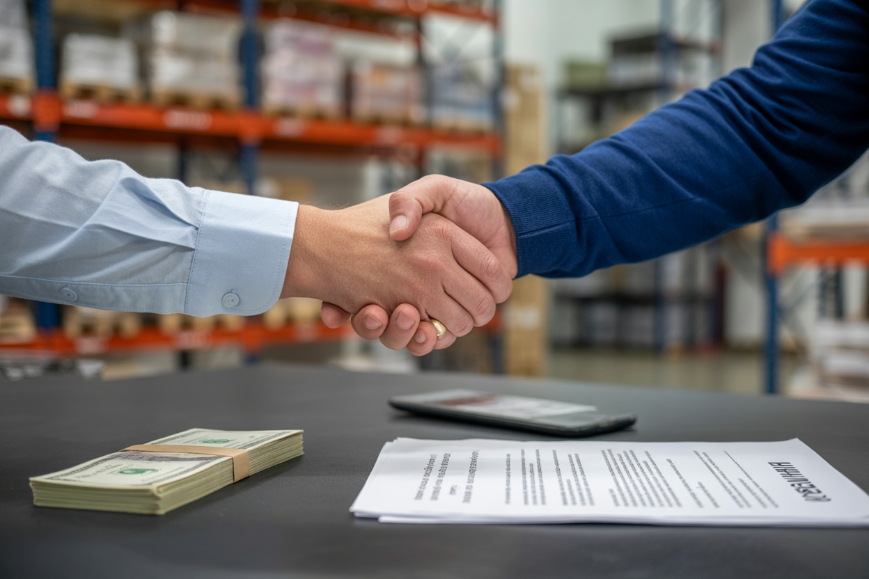 Handshake sealing a warehouse property loan deal with cash